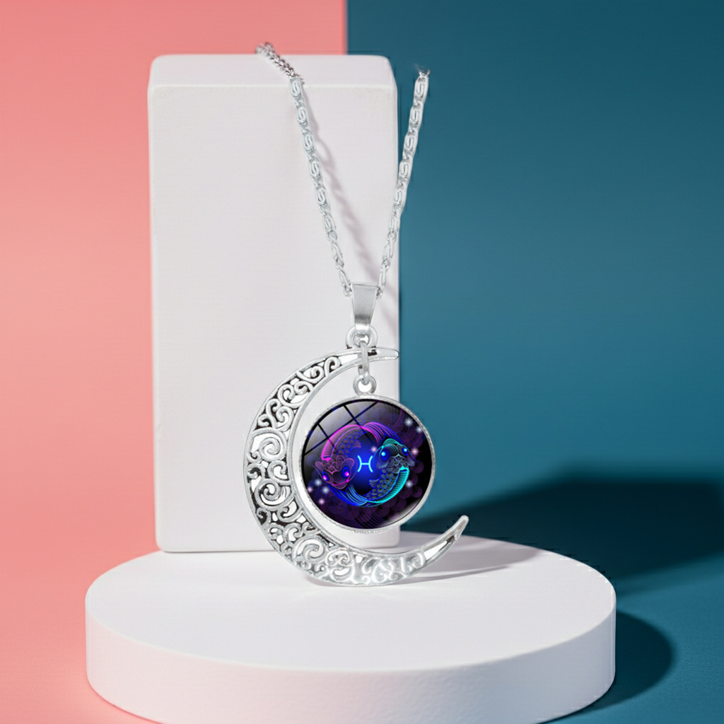 12 constellation time gemstone half moon pendant necklace twelve zodiac European and American jewelry