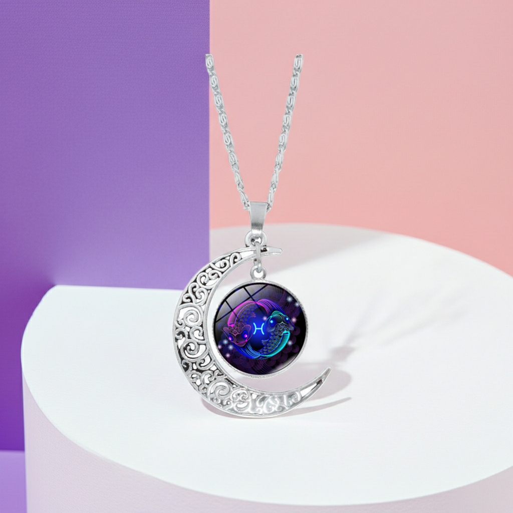 12 constellation time gemstone half moon pendant necklace twelve zodiac European and American jewelry